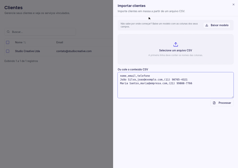 GIF: colando o CSV e clicando em Processar