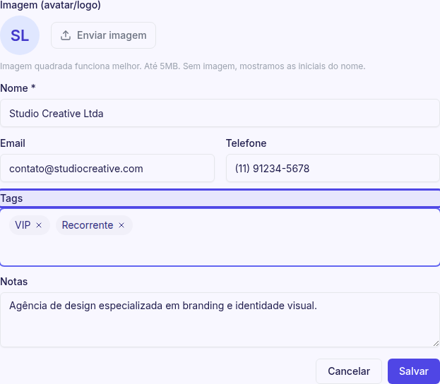 Formulário de edição com tags VIP e Recorrente adicionadas
