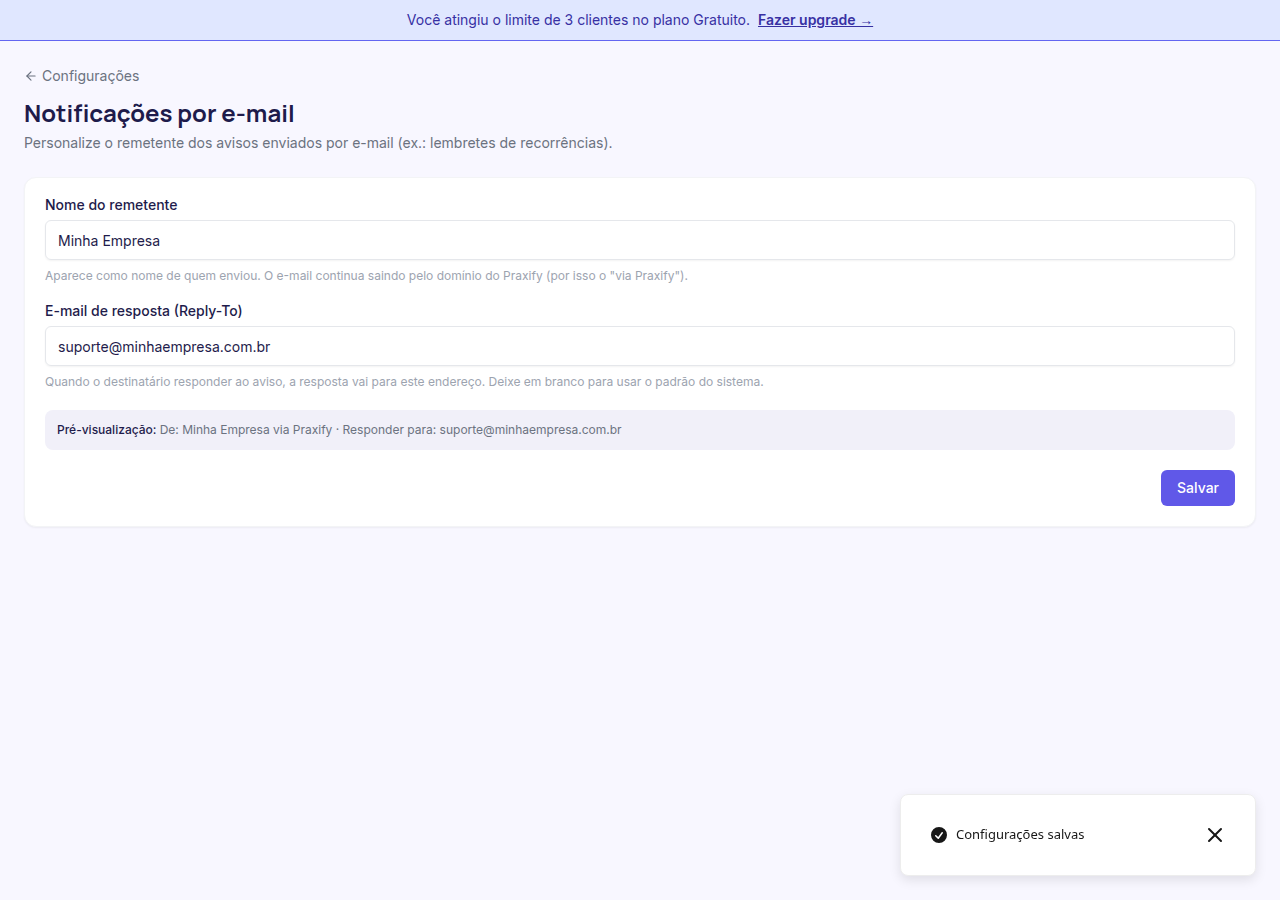 Configurações de e-mail salvas com nome e endereço da empresa