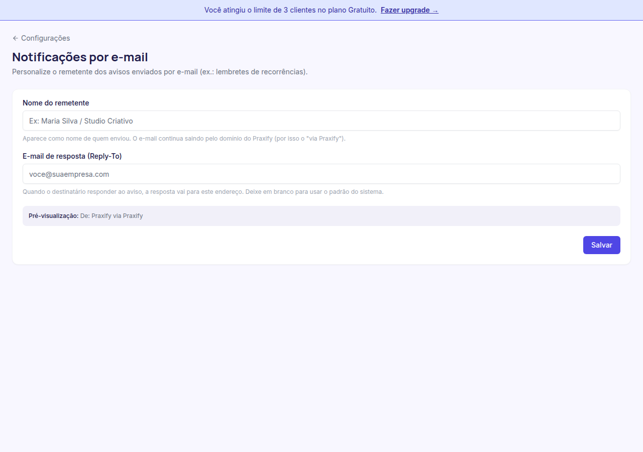 Página de configurações de notificações por e-mail com campos de remetente