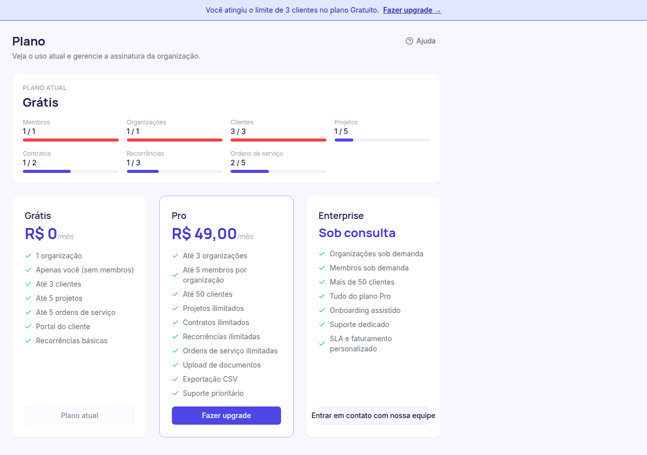 Página de plano mostrando plano atual e uso dos recursos