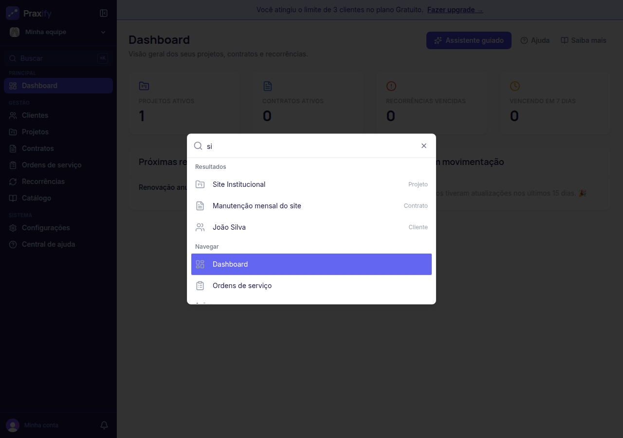 Painel da busca com resultados de projeto, contrato, cliente e seções