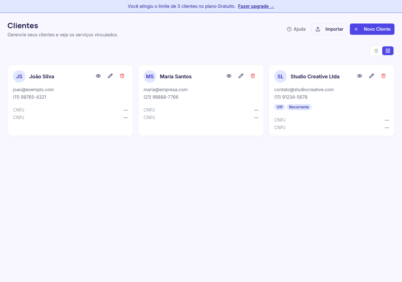 Listagem de clientes em visão de cards com layout grid
