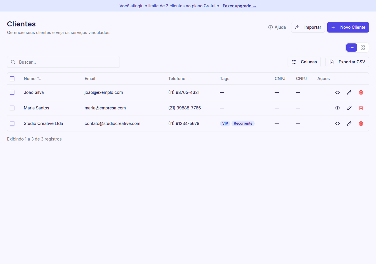 Listagem de clientes em visão de tabela com colunas ordenáveis