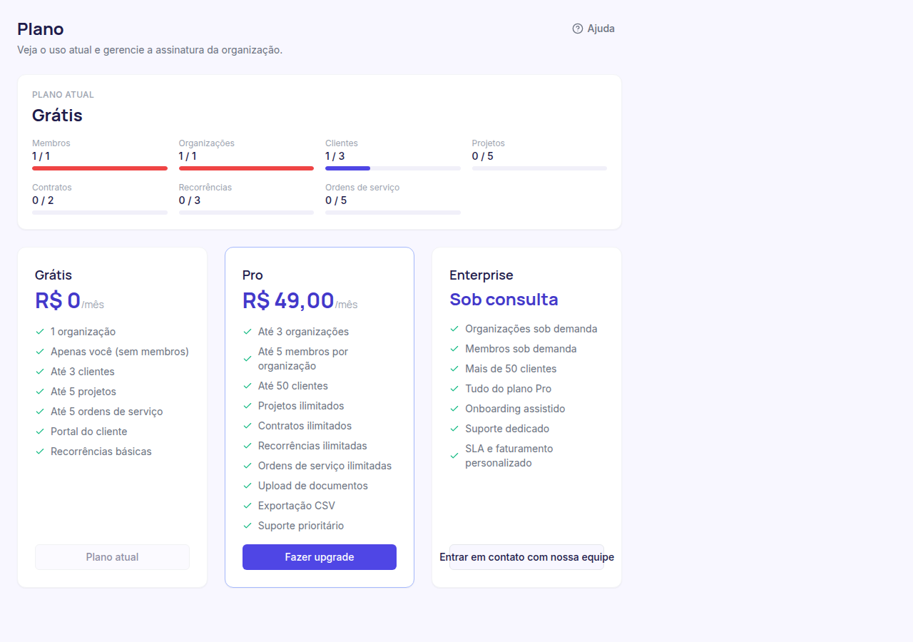 Página de planos com uso atual e cards dos três planos