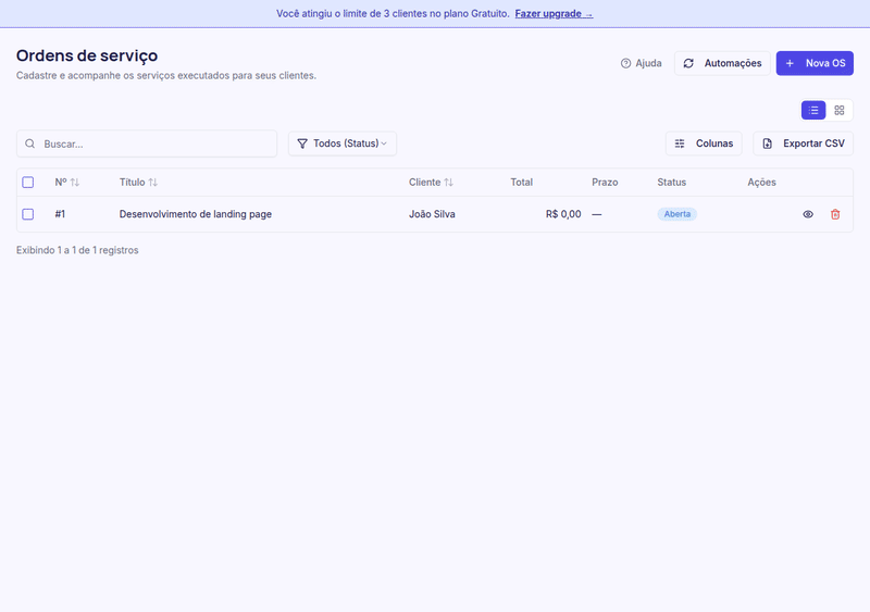 GIF criando uma ordem de serviço com título, cliente e item