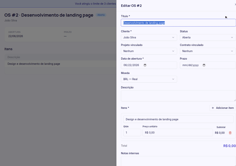 GIF alterando o status de Aberta para Em andamento e salvando