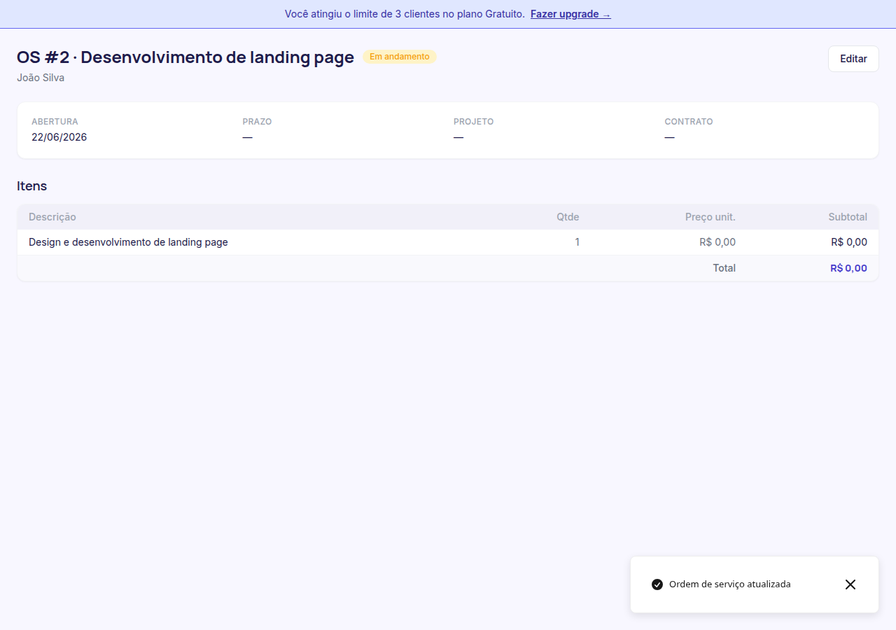 OS com status atualizado para Em andamento