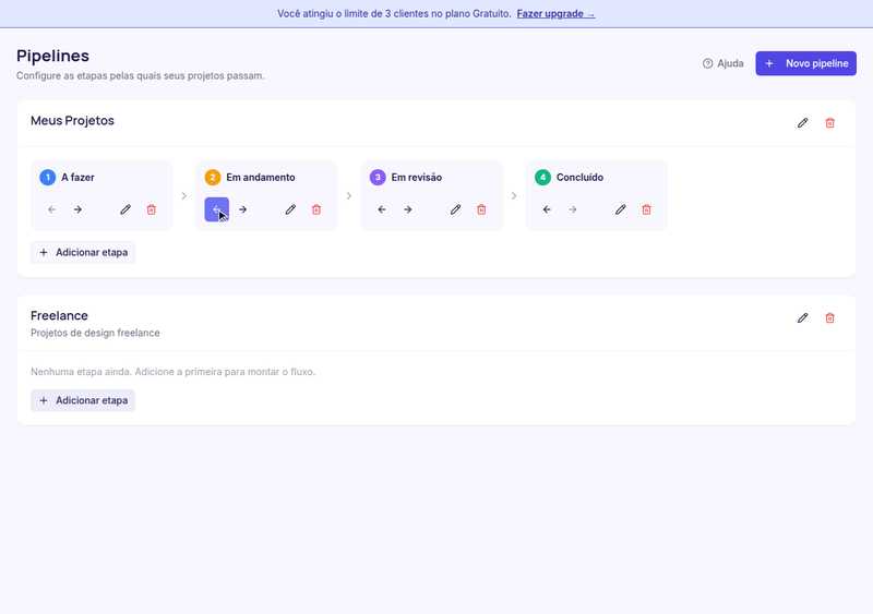 Movendo a etapa Em andamento para a primeira posição