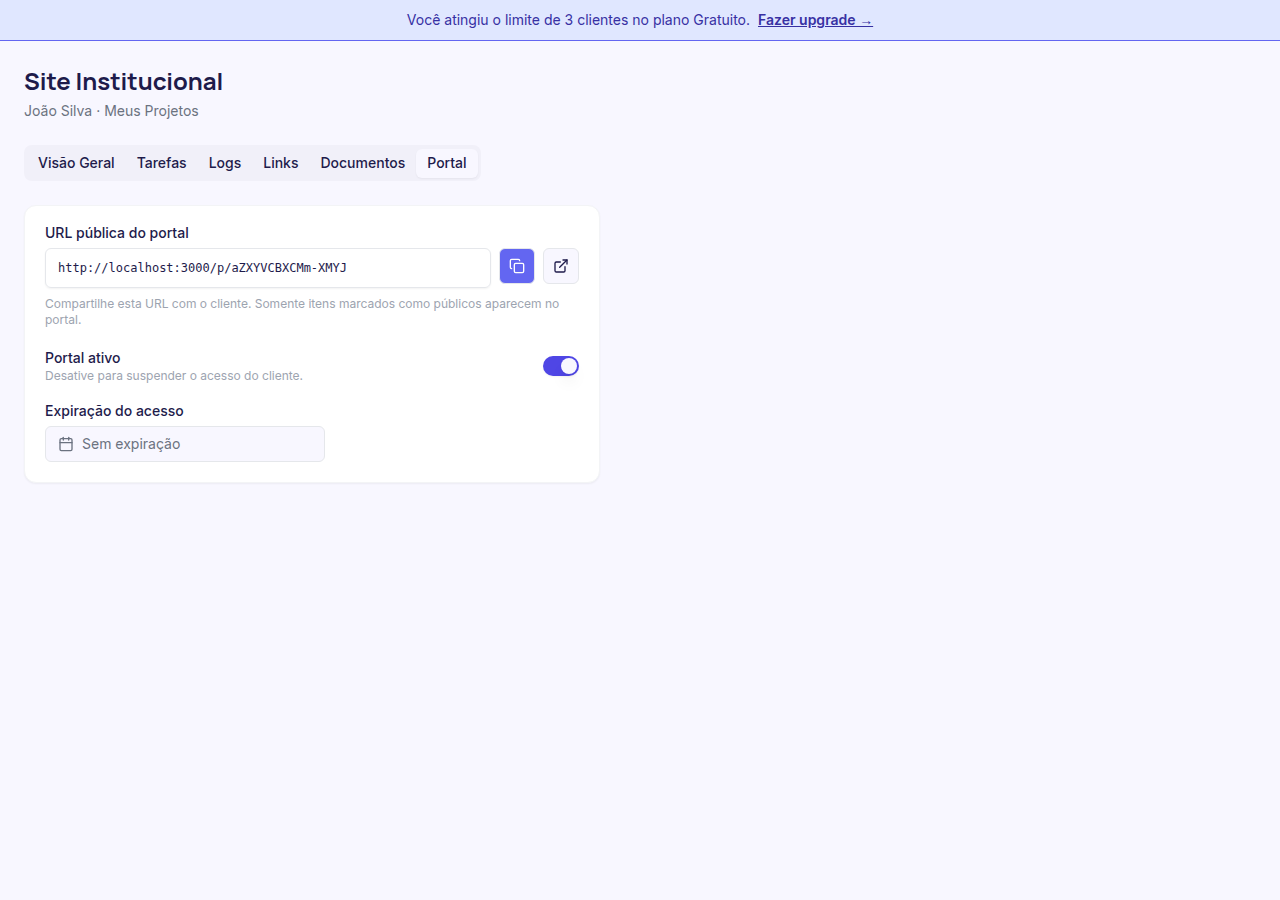 Aba Portal com URL pública visível e botão Copiar URL destacado