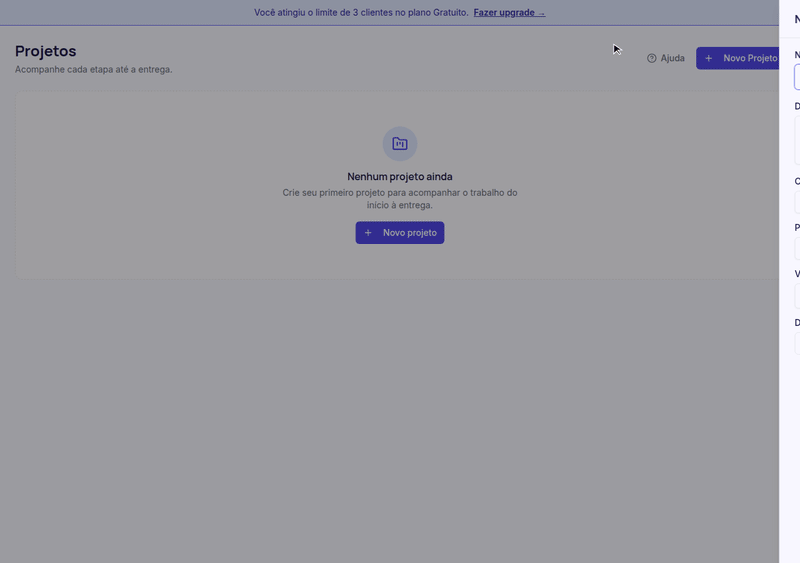 Criação de um novo projeto com cliente e pipeline selecionados