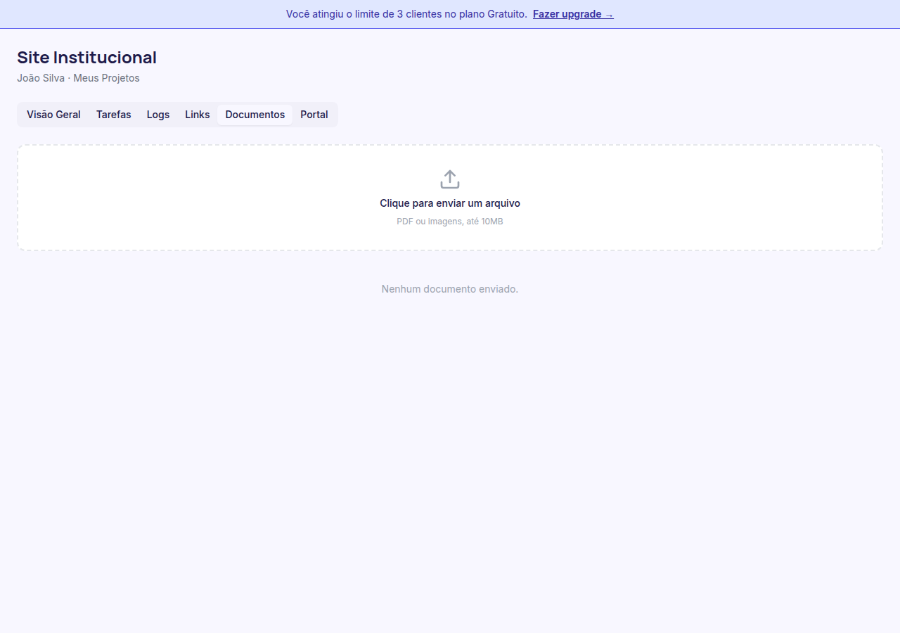 Área de upload de documentos na aba Documentos
