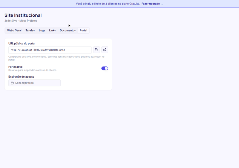Ativando o portal público e copiando a URL para compartilhar com o cliente