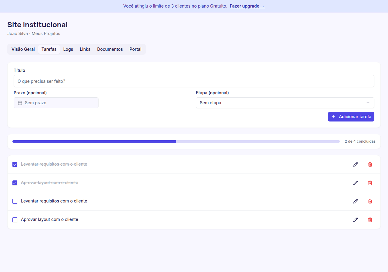 Checklist do projeto com barra de progresso e tarefas listadas