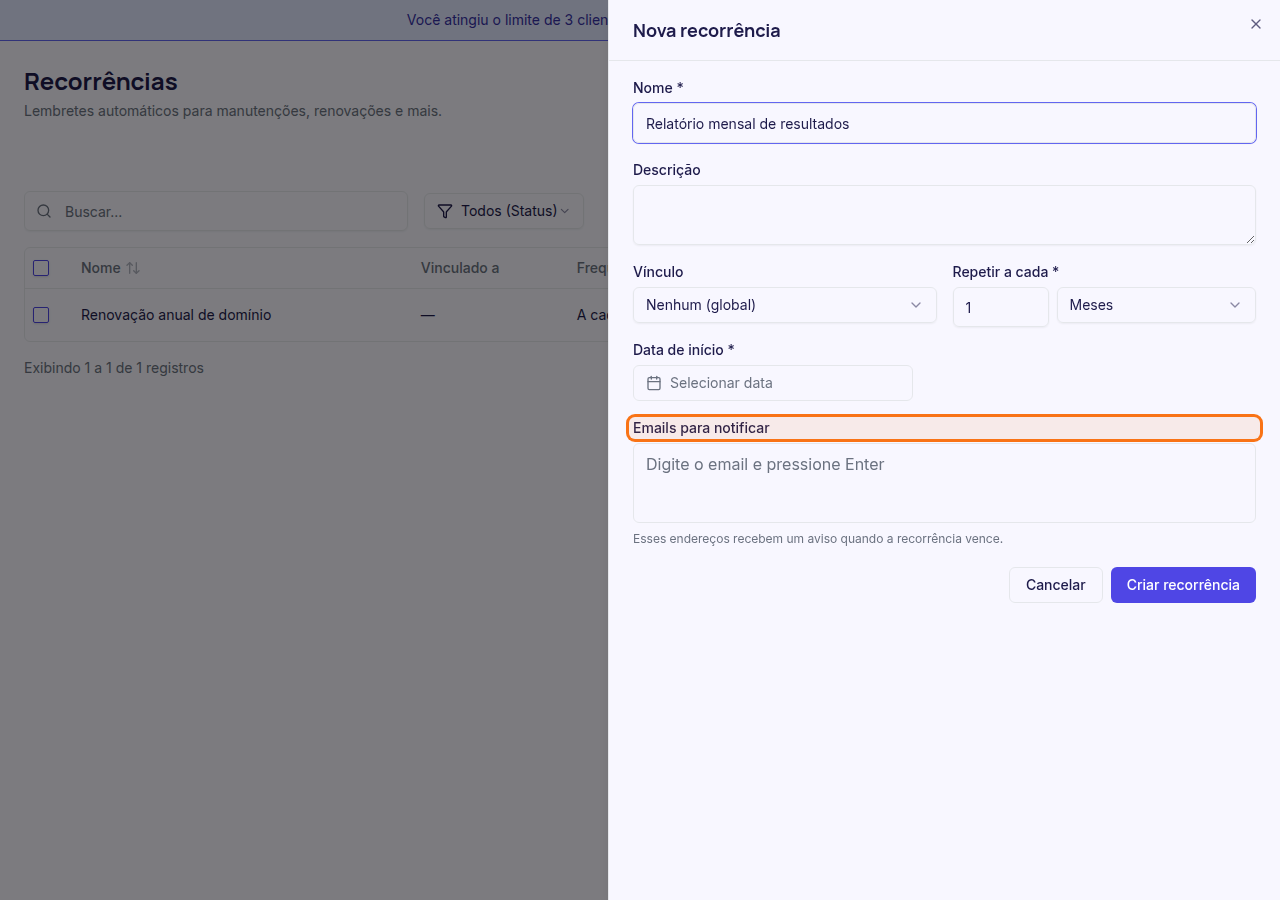 Campo de emails para notificar em destaque no formulário