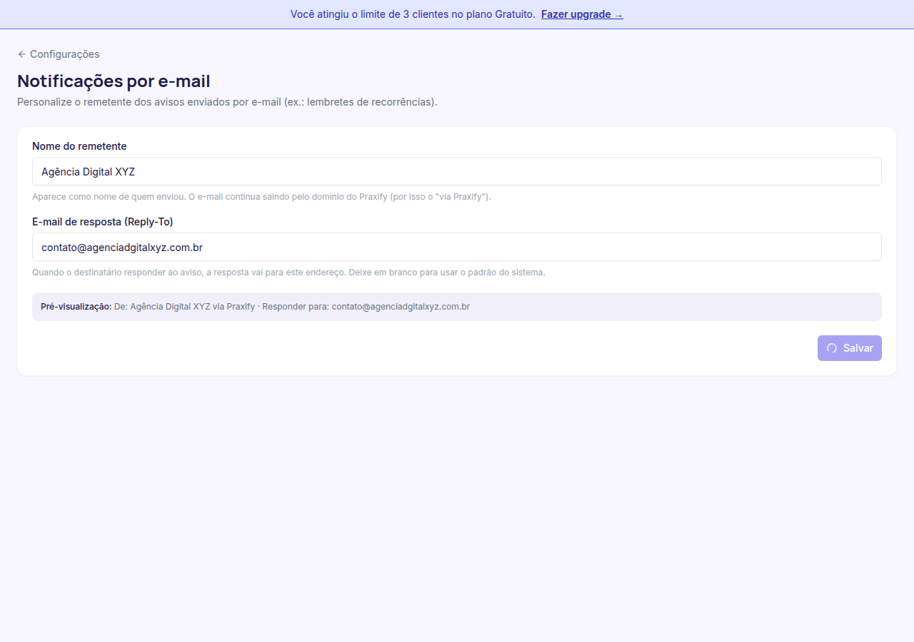 Configurações de remetente salvas com nome e email da empresa
